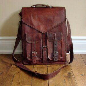 Vintage Leather Messenger Bag Laptop Backpack Brown Burgundy 15" School Work